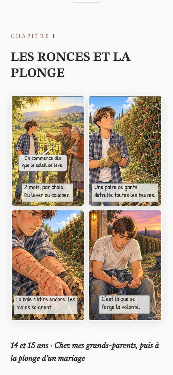 Premier chapitre de la MiniBio de Vincent, « Les ronces et la plonge », avec sa planche de BD